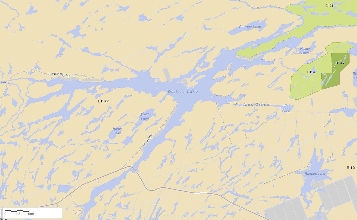 Crown Land Map of Dollars Lake in Municipality of Unincorporated and the District of Parry Sound